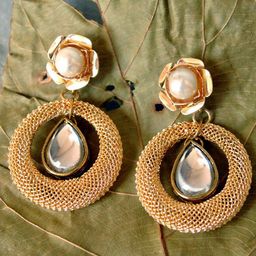 BeAbhika Gold-Plated Kundan Studded Contemporary Drop Earrings-34