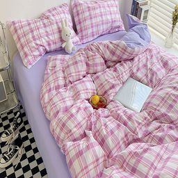 JC HOME Purple & Pink Checked Printed AC Room Double Queen Bedding Set-picture-32