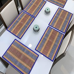 HOKIPO Madurkathi 6 Pieces Blue & Red Geometric Table Placemats-9