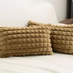 TANLOOMS Gold Toned 2 Pieces Checked Velvet Rectangle Cushion Covers-29