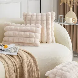 TANLOOMS Cream 2 Pieces Checked Velvet Rectangle Cushion Covers-image-96
