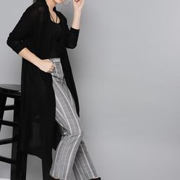 STREET 9 Women Black Solid Semi-Sheer Open Front Longline Shrug-1