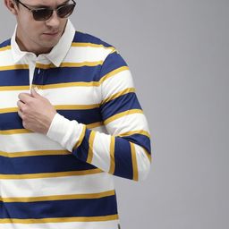Roadster Men White Striped Polo Collar Pure Cotton T-shirt-image-34