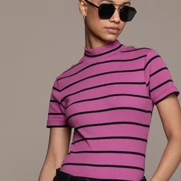 The Roadster Lifestyle Co. Horizontal Striped Mock Neck Fitted Top-image-9