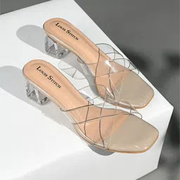 LOUIS STITCH Women Beige Transparent Cross Strap Block Heel Lightweight Sandals-51