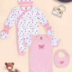MeeMee Infants Pack Of 5 Pink & White Printed Pure Cotton Baby Apparel Gift Set-39
