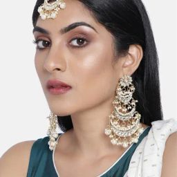 Peora Gold-Plated Kundan Pearl Long Dangle Chandbali Earring Maang Tikka Jewellery Set-image-95
