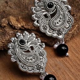 Karatcart Oxidised Silver Black Bead Drop Earring for Women image 1