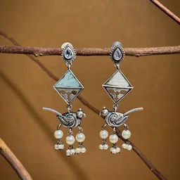 NAMAN ARTS Silver-Plated Artificial Stones Studded & Beaded Oxidised Drop Earrings-image-51