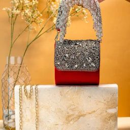 NR by Nidhi Rathi Red Suede Embellished Clutch-image-28