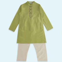 Indus Route by Pantaloons Kids Lime Green & Grey Embroidered Full Sleeves Kurta Set-image-51