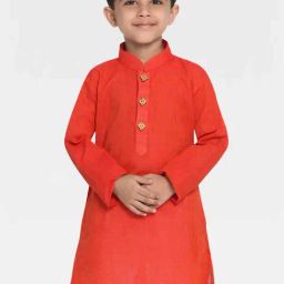 VASTRAMAY Kids Red Cotton Striped Kurta-image-8