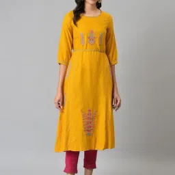 W Mustard Floral Print A Line Kurta-image-38