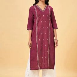 Rangmanch by Pantaloons Maroon Cotton Embroidered Straight Kurta-image-22