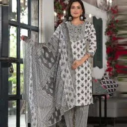 Juniper Grey Cotton Printed Kurta Pant Set With Dupatta-picture-1