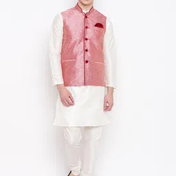 MAG Men Off-White & Pink Solid Kurta with Churidar & Nehru Jacket-image-58