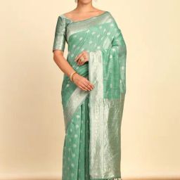 Soch Womens Sap Green Woven Design Jacquard Weave Tussar Saree With Tassels-image-113