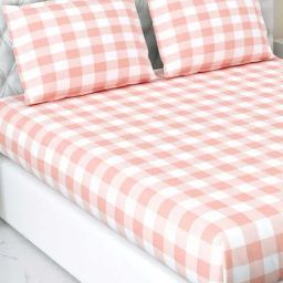 Haus & Kinder Pink & White 186 TC Cotton Fitted Bedsheet with 2 Pillow Covers-image-24