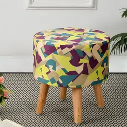 RIANCE CREATIONS Yellow & Blue Abstract Printed Wooden & Velvet Round Ottoman-14