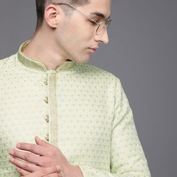 Manyavar Men Green Micro Ditsy Printed Kurta with Churidar-image-78
