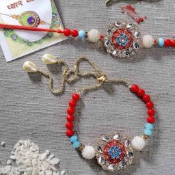 NVR Red-colored Stone-Studded & Beaded Bhaiya Bhabhi Rakhi with Roli Chawal - Set of 2-28