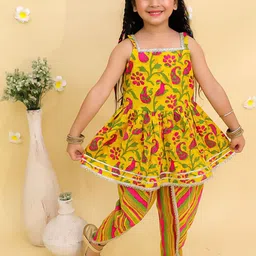 JUNITOS Girls Floral Printed Regular Gotta Patti Pure Cotton Kurti with Dhoti Pants-picture-30