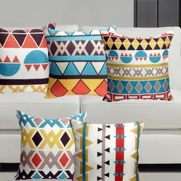 HOME9INE White And Blue 5 Pieces Geometric PrintedJute Cotton Square Cushion Covers-image-16