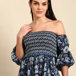 anayna Blue Floral Ethnic A-Line Cotton Midi Ethnic Dress image 5