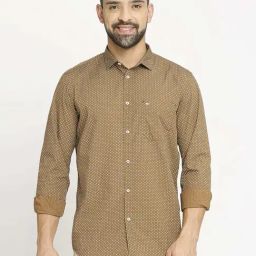 Basics Khaki Cotton Slim Fit Printed Shirt-image-46
