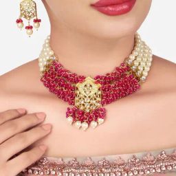 Zaveri Pearls Pink Cluster Beaded Multistrand Kundan Necklace & Earring Set-ZPFK16090-image-30