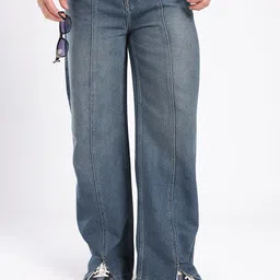 glitchez Men Urban Flow Wide Leg Mid-Rise Light Fade Panelling Slit Jeans-image-43
