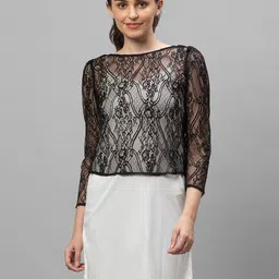 Globus Women Black Self Design Lace Crop Top-picture-10