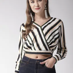 Style Quotient Women Green & White Striped Wrap Crop Top-image-98