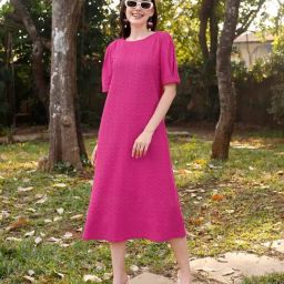 PURVAJA Pink Knitted Relaxed Fit Midi Dress-image-20