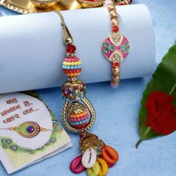 NVR Multicolor Artificial Beads Bhaiya Bhabhi Rakhi with Roli Chawal - Set of 2-6