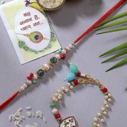 NVR Multicolor Artificial Beads Bhaiya Bhabhi Rakhi with Roli Chawal - Set of 2-image-68