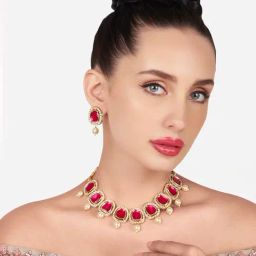Zaveri Pearls Rani Pink Dazzling Stones & Austrian Diamonds Choker Necklace & Earring Set-ZPFK16091-image-18