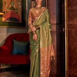 Vardha Forest Green & Copper Woven Saree With Unstitched Blouse-picture-31