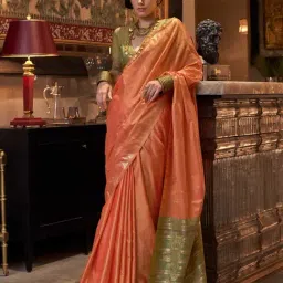 Vardha Orange & Gold Woven Saree With Unstitched Blouse-image-2