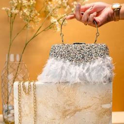 NR by Nidhi Rathi White Fabric Embellished Clutch-image-57