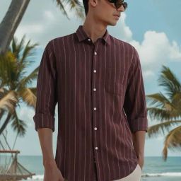Peter England Brown Slim Fit Stripe Shirt-image-99
