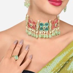Zaveri Pearls Multicolor Stones Cluster Beads Drop Kundan Choker Necklace Earring Ring Set-ZPFK16082-2