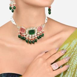 Zaveri Pearls Multicolor Cluster Drop Kundan Multistrand Choker Necklace Earring Ring Set-ZPFK16083-image-3