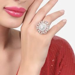 Zaveri Pearls Rose Gold Cubic Zirconia Party Bling Statement Brass Adjustable Finger Ring-ZPFK16107-0
