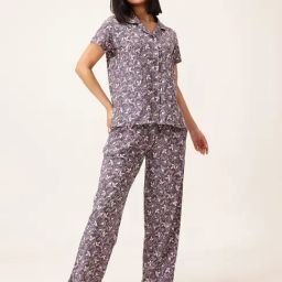 Clovia Purple Cotton Floral Lapel Night Suits-image-62