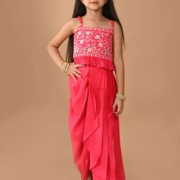 LilPicks Kids Pink Embroidered Top with Dhoti-image-55