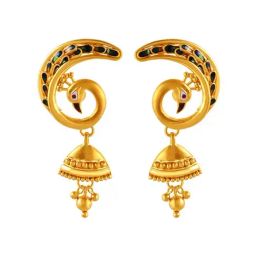 P.C. Chandra Jewellers 22k Gold Peacock Shaped Meenakari Work Jhumki Earrings-image-2