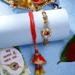 NVR Red & Gold-Toned Stone-Studded Bhaiya Bhabhi Rakhi with Roli Chawal - Set of 2-image-78