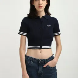 TOMMY HILFIGER Navy Cotton Graphic Print Crop Sweatshirt-image-75