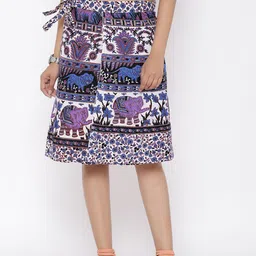 SOUNDARYA Women White & Purple Printed Wrap-Around Knee-Length Pure Cotton Skirt-image-84